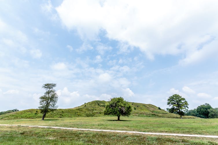 sideview of grass-covered Monks Mound on a sunny day