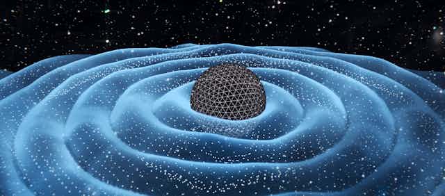 Illustration of gravitational waves around a black hole. 