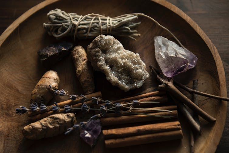 Crystals, spices and herbs.