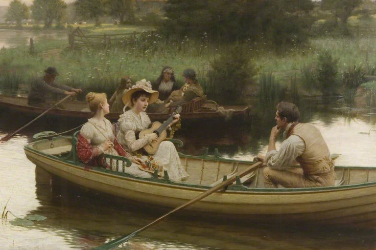 A woman serenades a female and male companion in a row boat.