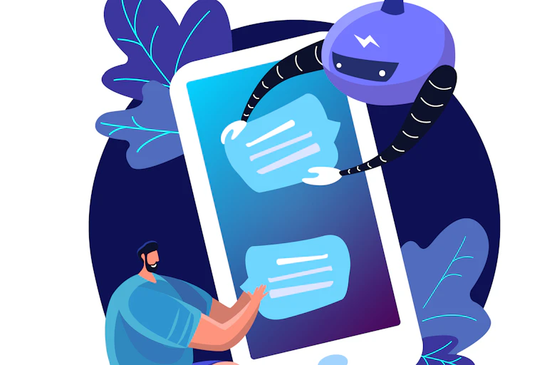 A person and a robot sending messages on a smartphone