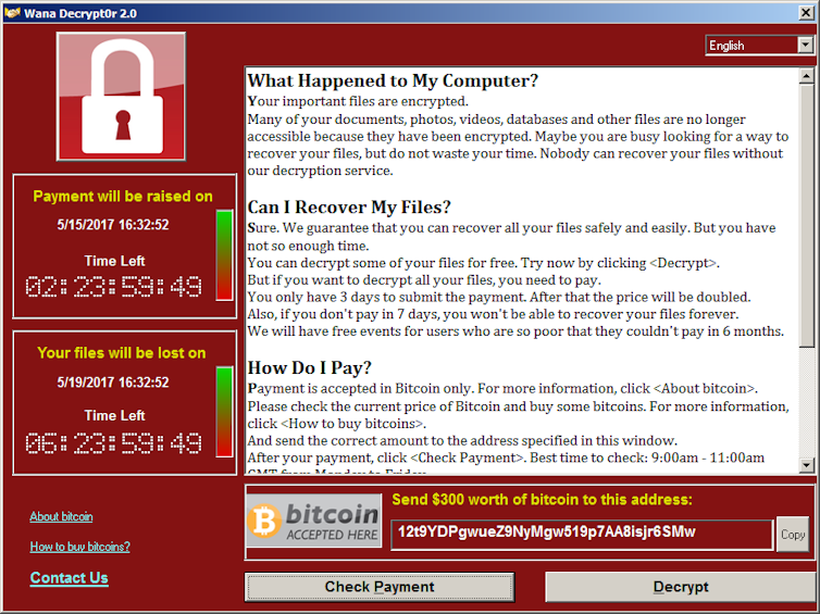 Computer screen showing ransomware demand