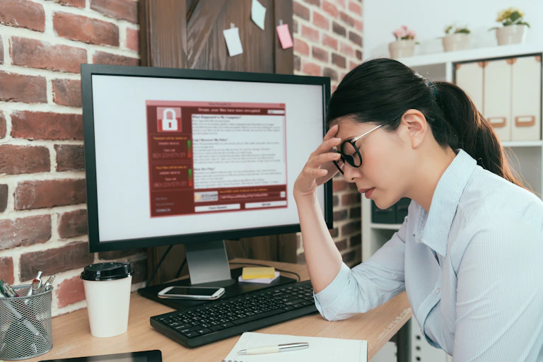 A woman with eyes closed and hand on forehead sits in front of a computer screen showing a ransomware demand