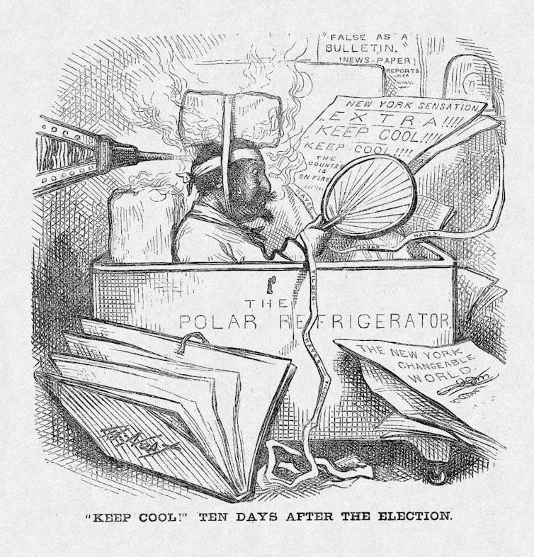 A cartoon making fun of hysterical newspaper headlines after the 1876 election.