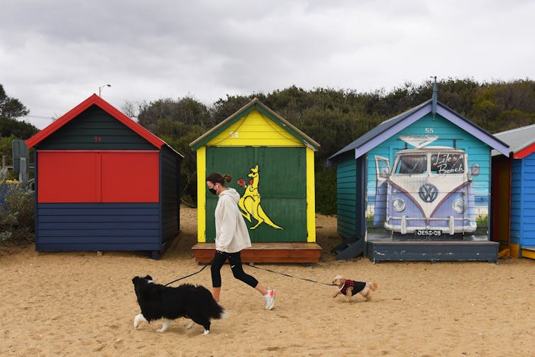 Woman wearing a mask, walking her dog at Brighton Beach.