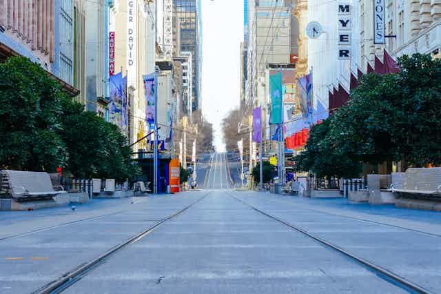 A deserted Bourke Street in Melbourne CBD