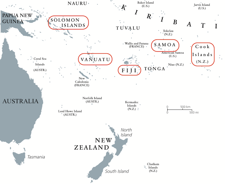 Map showing the Pacific islands highlighted for the research: Solomon Islands, Vanuatu, Fiji, Samoa and Cook Islands.