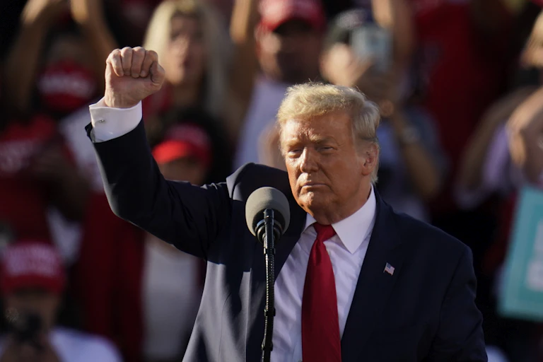 Donald Trump pumps his fist at a rally.