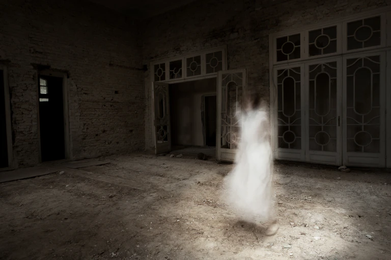 Ghostly image of young woman in white dress appears to float in the middle of an empty room.