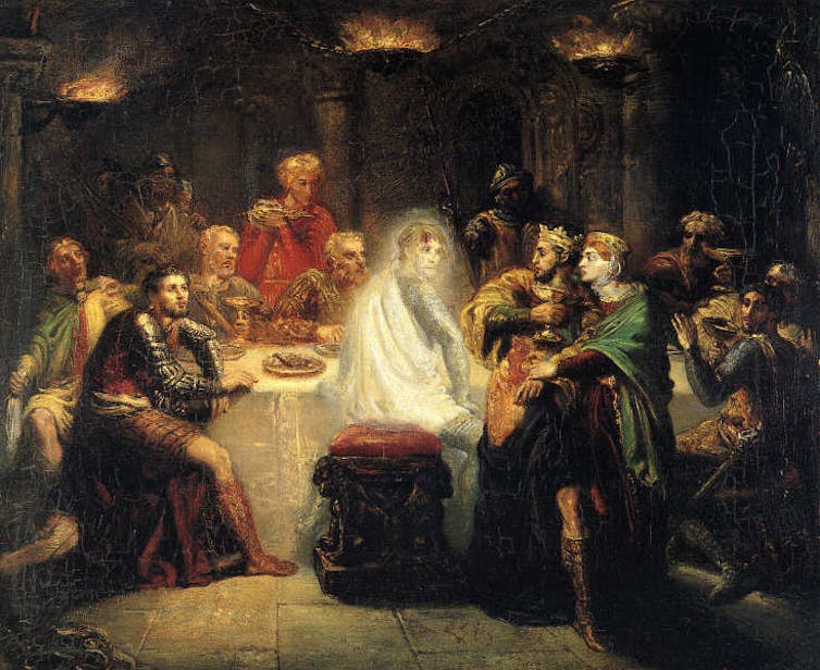 19th-century painting of a ghost at a feast of medieval noblemen and women.