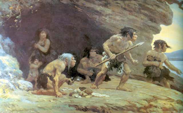 Painting of family of Neanderthals led by man holding a spear