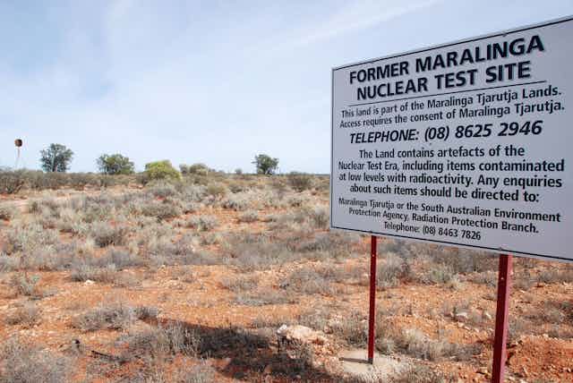 A sign marking a former nuclear test site in Maralinga, South Australia