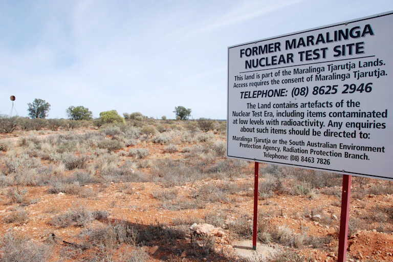A sign marking a former nuclear test site in Maralinga, South Australia