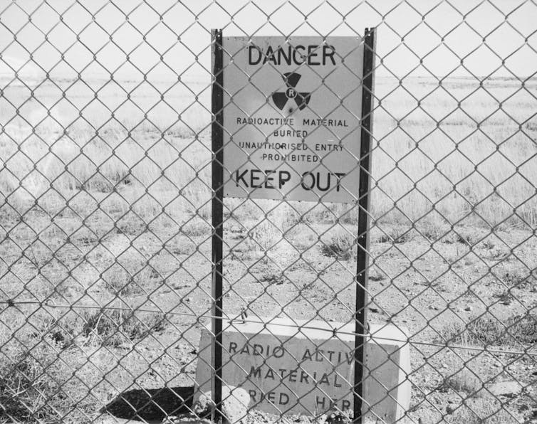 A radioactive warning sign Maralinga village in South Australia in 1952.