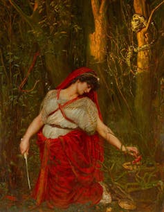 An oil painting of Medea in a red dress in a forest