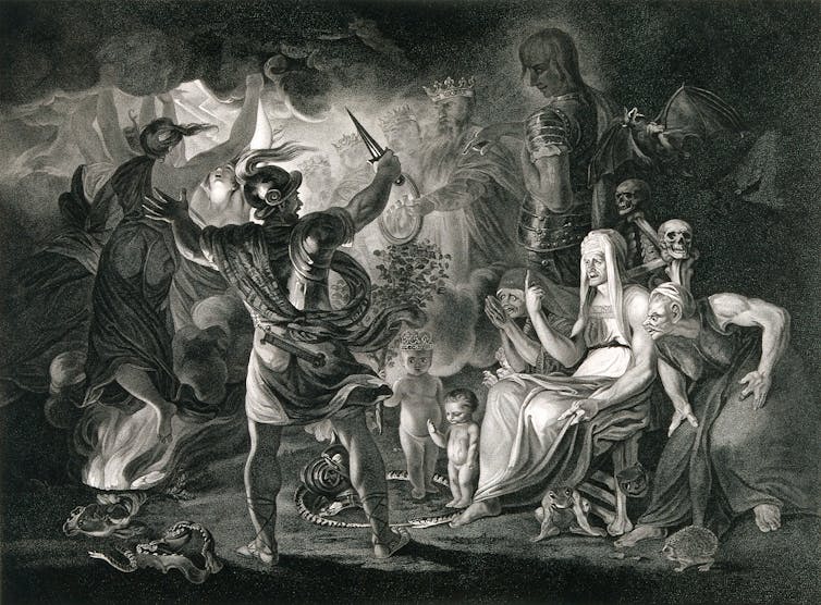 A black and white print of Macbeth, the three witches and Hecate in Shakespeare's Macbeth surrounded by eight kings in the shadows