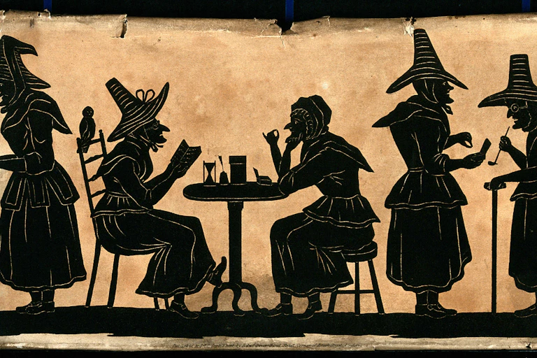 A monochrome print of five witches