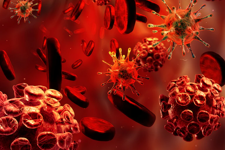 ilustración de virus y bacterias en tonalidades de rojo.