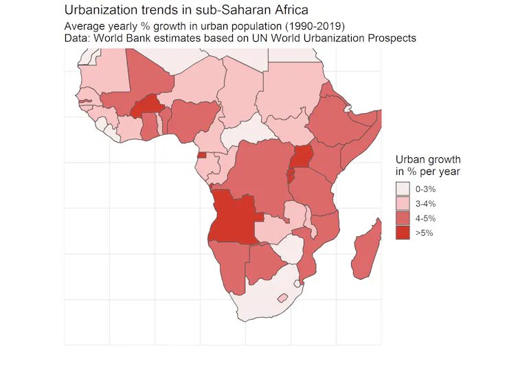 Map showing urbanisation trends in sub-Saharan Africa.