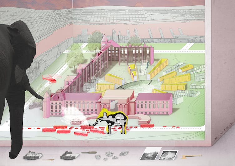 A colourful drawing of a building with elephant in foreground.