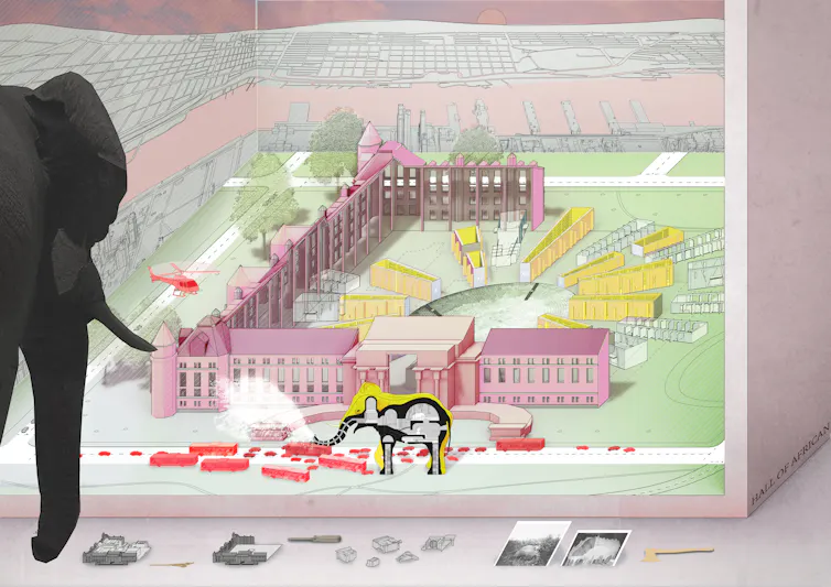 A colourful drawing of a building with elephant in foreground.
