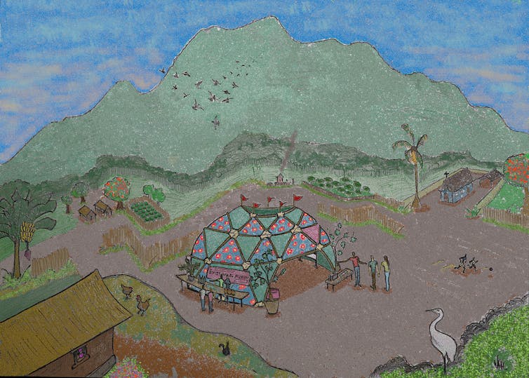 Drawing of mountain landscape with geodesic dome museum.