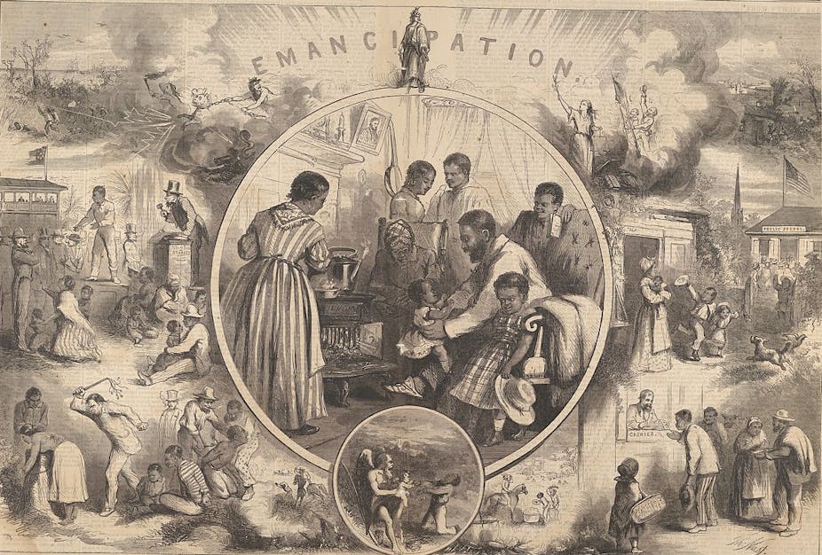 illustration with the words emancipation and scenes of African American slaves. 