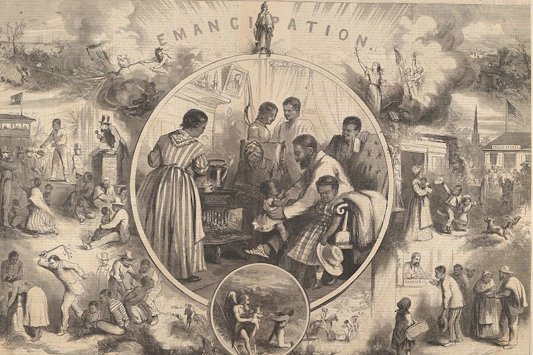 illustration with the words emancipation and scenes of African American slaves.