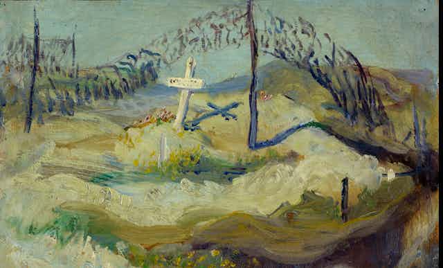 Painting of a cross in a field.