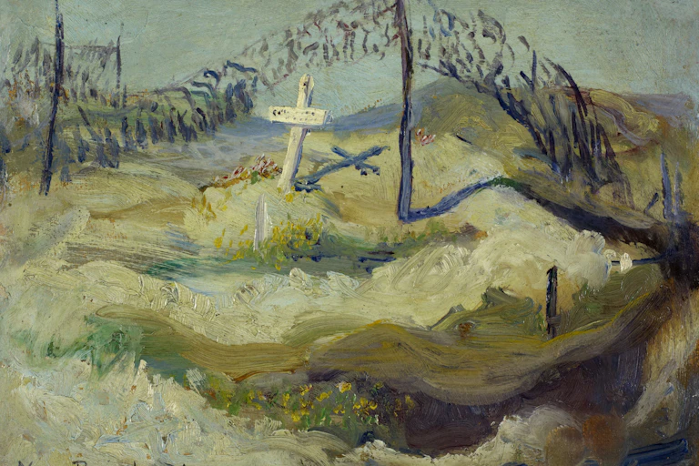Painting of a cross in a field.