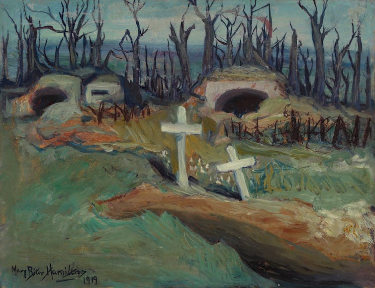 Two crosses in front of dugouts and scorched trees.