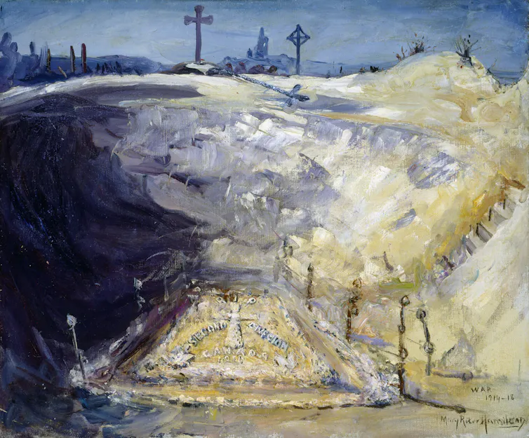Steps going into a deep crater gray and on tall crosses perched above.