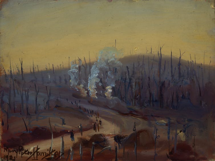Battlefields in gray and brown with smoke rising.