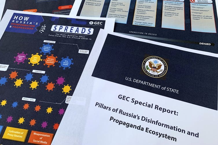 Pages from the U.S. State Department's Global Engagement Center report released on Aug. 5, 2020