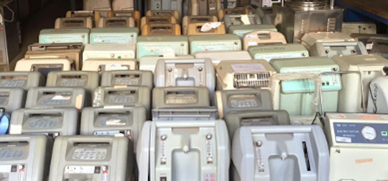 numerous rows of medical equipment in a storeroom