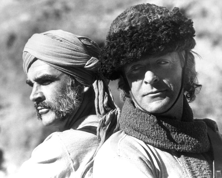 Actors Sean Connery, left, and Michael Caine, right, in costume for The Man Who Would Be KIng.