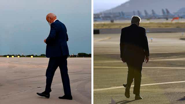 Presidential rivals Joe Biden and Donald Trump walking away from camera.