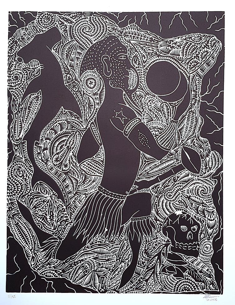 Merlpal Maru Pathanu, lunar eclipse linocut.