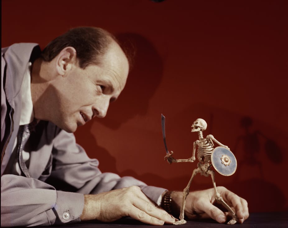 Ray Harryhausen  with a skelton model.