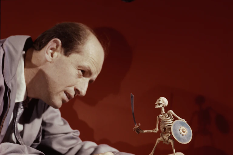 Ray Harryhausen with a skelton model.