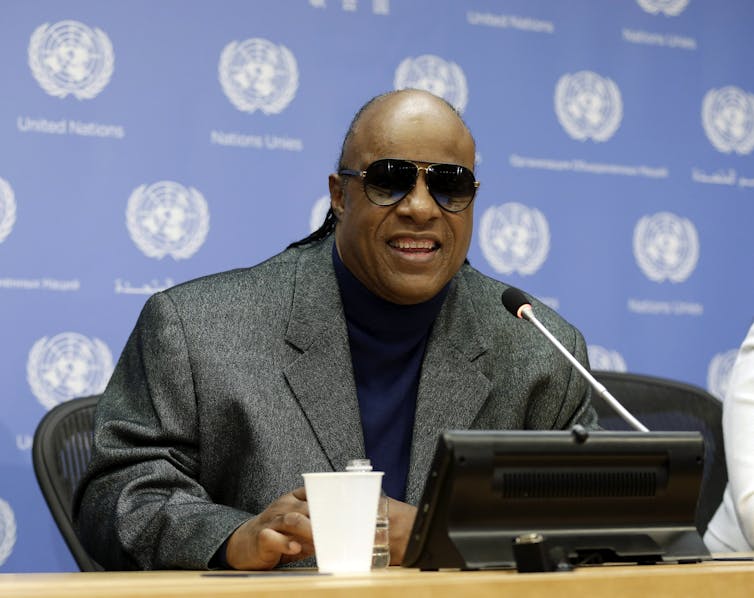 Stevie Wonder at a press conference.