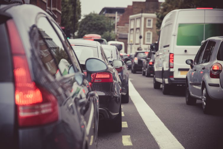 Cars in a traffic jam.