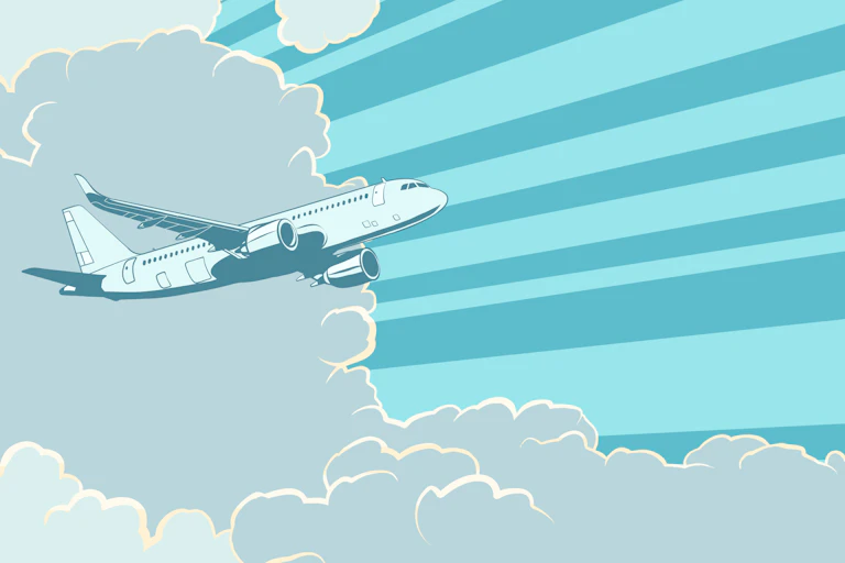 A retro poster of an aeroplane in the clouds.