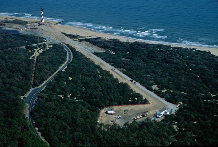 Photo of Cape Hatters Light and path to new site.