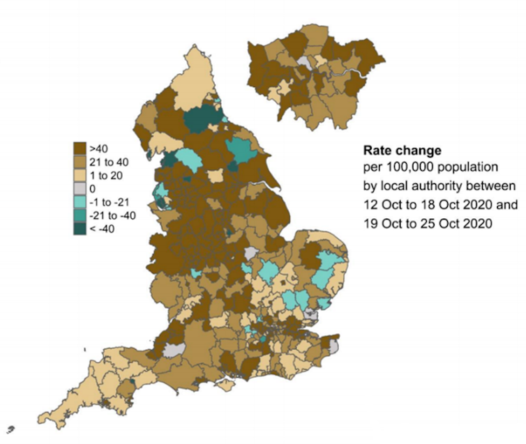 Map showing changes in infection rate across England, with brown showing increases and green decreases