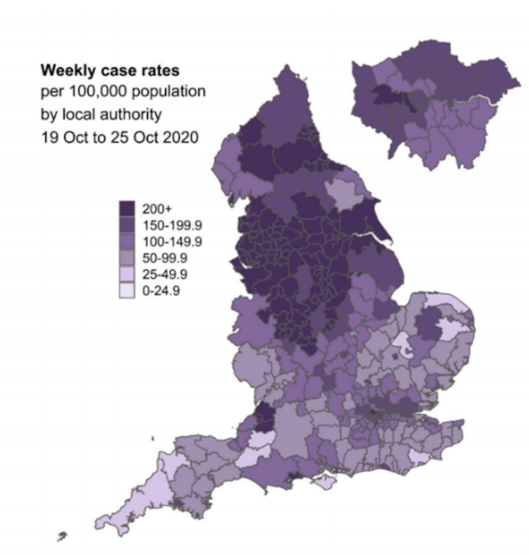 Map showing infection rates per 100,000 people across England, with different shades of purple marking severity