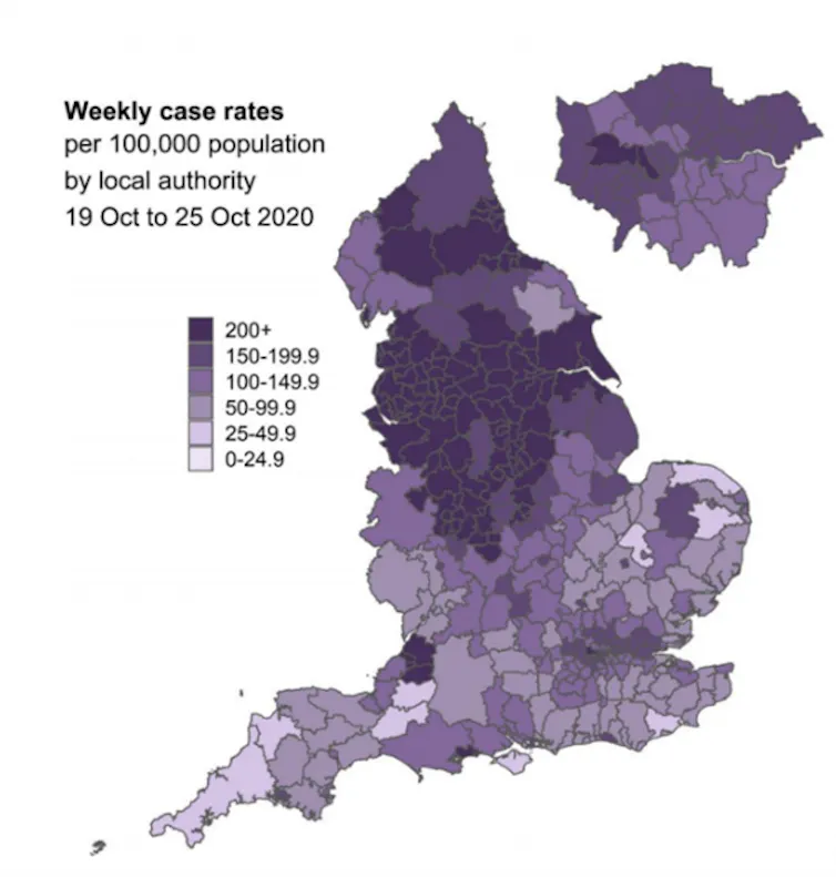 Map showing infection rates per 100,000 people across England, with different shades of purple marking severity