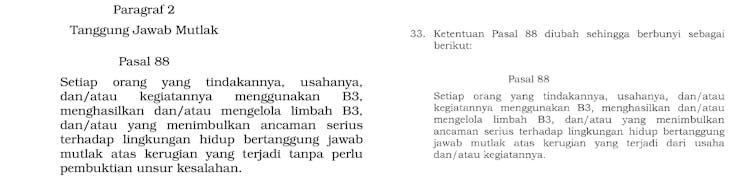 Perbedaan bunyi Pasal 88 dari UU Nomor 32 Tahun 2009 (kiri) dan UU Nomor 11 Tahun 2020 (kanan)