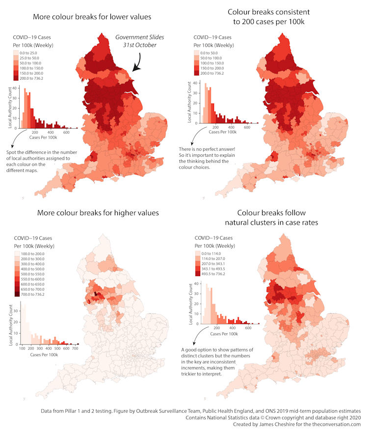 Four maps of England based on the same data as the graph above, but using different keys and showing different patterns
