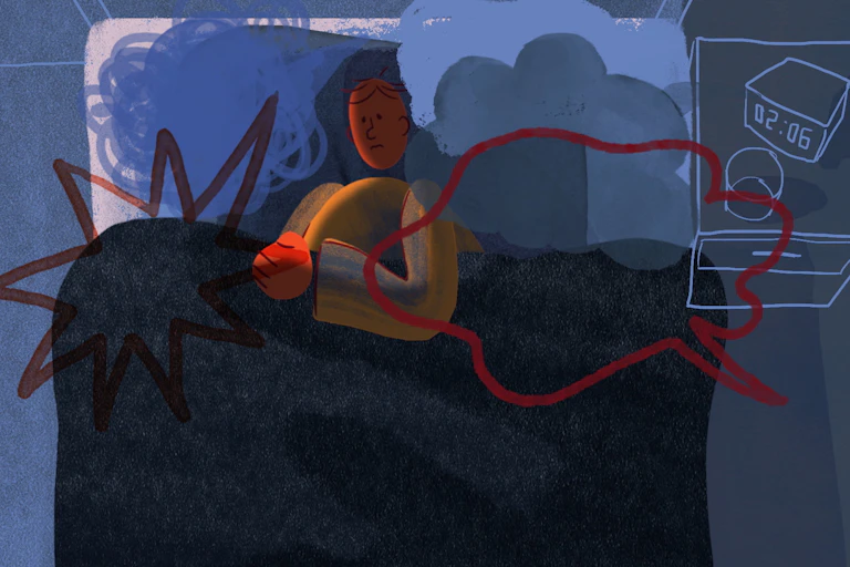 An animated image of a man lying in bed hearing voices late at night.